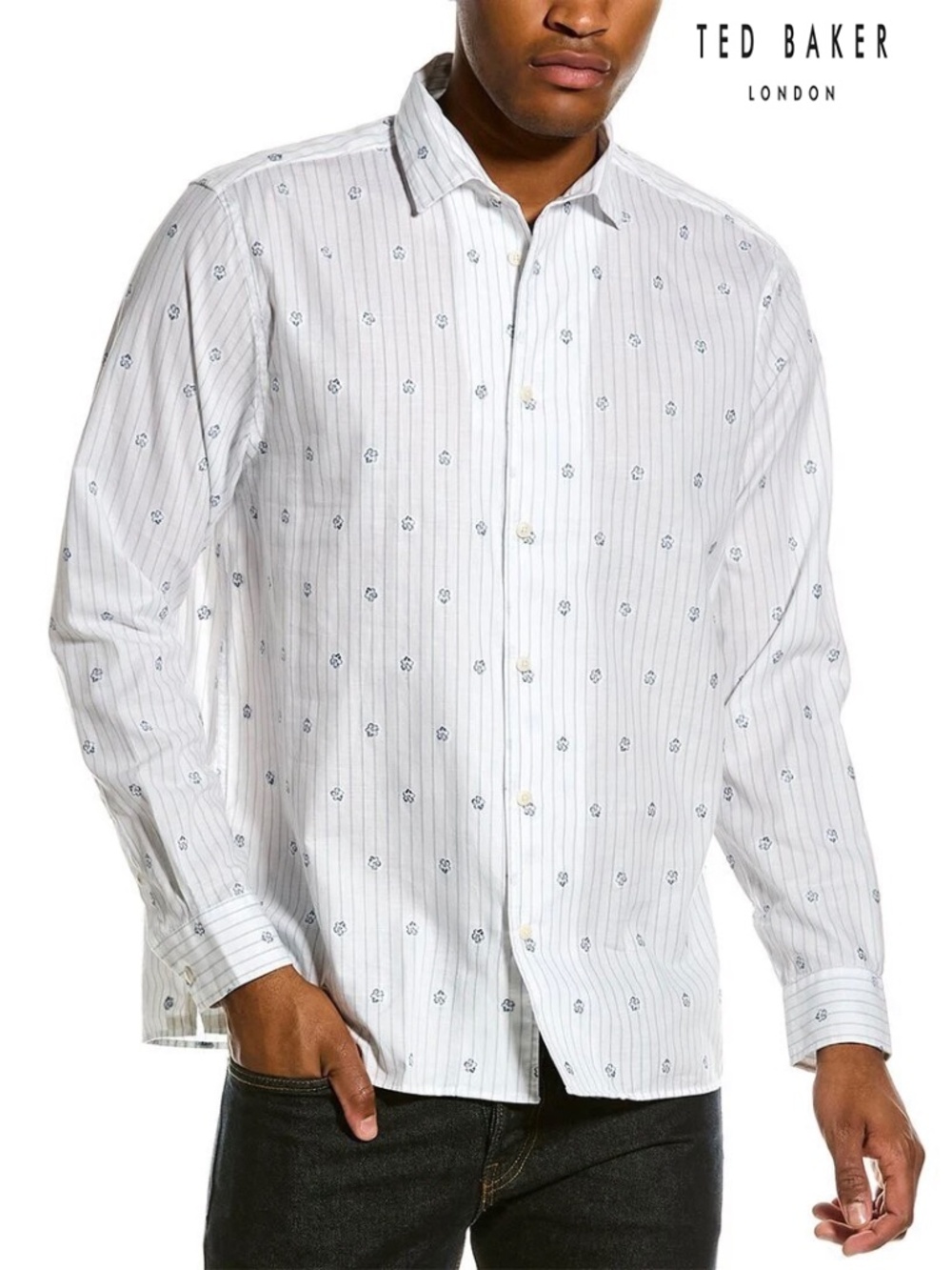 TED BAKER LONDON NWT MARSHES STRIPE FLOWER WHITE COTTON SHIRT. SIZE 5 (XL)